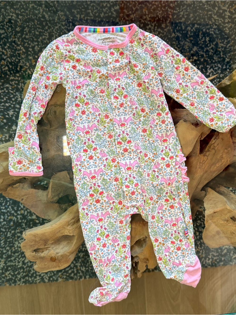 Magnetic Me Pink Floral with Rabbits Long-Sleeve Footed One-Piece